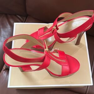 Micheal Kros Red Gold Zipper Open-toed Platform High Heels